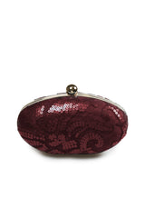Paillette Embroidered Lace Oval Clutch in Merlot
