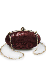 Paillette Embroidered Lace Oval Clutch in Merlot