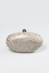 Paillette Embroidered Lace Oval Clutch in Sand
