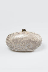 Paillette Embroidered Lace Oval Clutch in Sand
