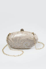 Paillette Embroidered Lace Oval Clutch in Sand