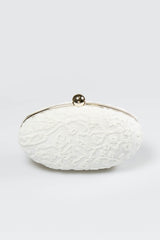 Embroidered Lace Oval Clutch in Ivory