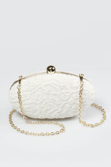 Embroidered Lace Oval Clutch in Ivory