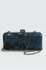 Sequin Embellished Box Clutch in Prussian Blue / Black