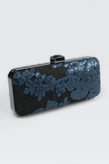 Sequin Embellished Box Clutch in Prussian Blue / Black