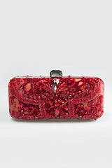 Beaded Cut Velvet Box Clutch in Carmine