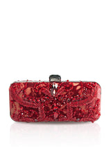 Beaded Cut Velvet Box Clutch in Carmine