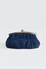 Pleated Washed Velvet Top-Frame Clutch in Dusty Navy