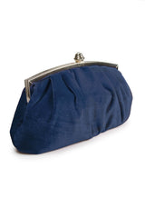 Pleated Washed Velvet Top-Frame Clutch in Dusty Navy
