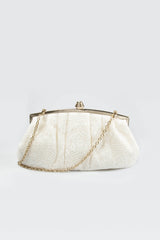 Pleated Cut Velvet Top-Frame Clutch in Ivory