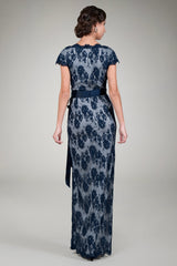 Cap Sleeve Lace Gown in Navy / Silver