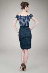 Lace Off Shoulder Cocktail Dress in Navy / Silver