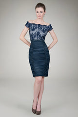 Lace Off Shoulder Cocktail Dress in Navy / Silver