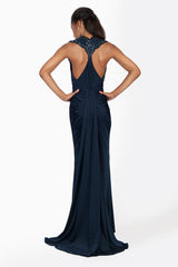 Jersey Ruched V-Neck Gown in Navy