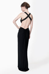 Twist Front Draped Jersey Gown in Black