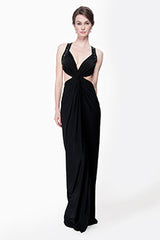 Twist Front Draped Jersey Gown in Black