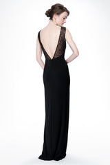 Sequin and Jersey Side Slit Gown in Black