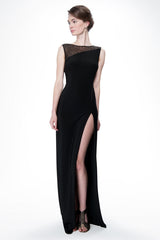 Sequin and Jersey Side Slit Gown in Black