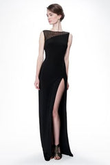 Sequin and Jersey Side Slit Gown in Black