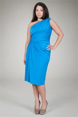 One Shoulder Draped Jersey Gown in Sky Blue