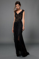 Floral Embellished Gown in Black / Nude