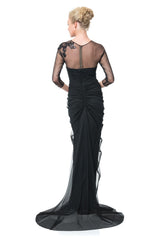 Draped Tulle 3/4 Sleeve Gown