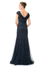 Lace Gown with Ruched Tulle Overlay