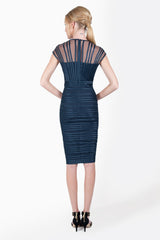 Satin Piping Cap Sleeve Dress in Navy