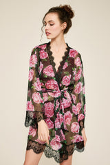 Patel Peony-Print Silk Chiffon Short Robe