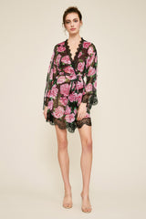 Patel Peony-Print Silk Chiffon Short Robe