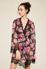 Patel Peony-Print Silk Chiffon Short Robe