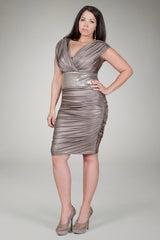 Metallic Jersey Ruched Cocktail Dress in Mineral