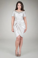 Metallic Jersey Draped Cocktail Dress in Natural