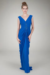Chiffon Draped V-Neck Gown in Blueberry
