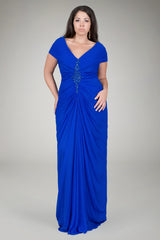 Chiffon Draped V-Neck Gown in Blueberry