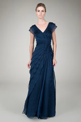 Tiered Chiffon Gown in Navy