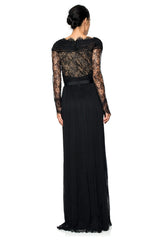 Pleated Chiffon and Lace Sleeve Gown in Black / Nude
