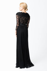 Pleated Chiffon and Lace Sleeve Gown in Black / Nude
