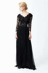 Pleated Chiffon and Lace Sleeve Gown in Black / Nude