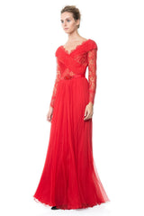 Pleated Chiffon and Lace Gown