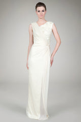 Crinkle Chiffon Lace Inset Gown in Cream