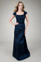 Draped Taffeta Cap Sleeve Gown in Navy
