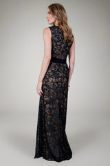 Belted Embroidered Lace Gown in Black / Nude