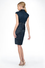 Stretch Satin V-Neck Dress in Navy