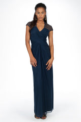 Draped Mesh Sequin Gown in Navy
