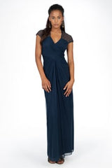 Draped Mesh Sequin Gown in Navy