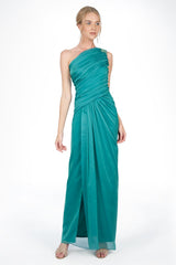 Iridescent Chiffon Flutter Sleeve Gown in Azure Blue