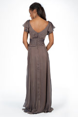 Iridescent Chiffon Flutter Sleeve Gown in Marigold