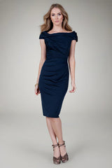 Off Shoulder Twist Jersey Dress in Navy