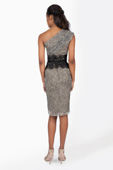 Printed Chiffon One Shoulder Dress with Lace Detail in Black / Grey